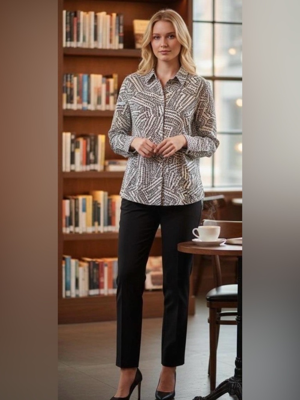 CAbi Black & Ivory Abstract Spot Print Top